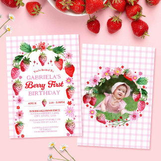 Strawberry Berry 1. Geburtstag Foto Einladung