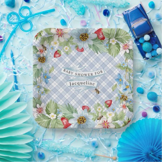 Strawberry Berry Blue Gingham Baby to Bee Shower Pappteller (Party)