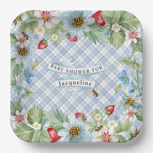 Strawberry Berry Blue Gingham Baby to Bee Shower Pappteller (Vorderseite)