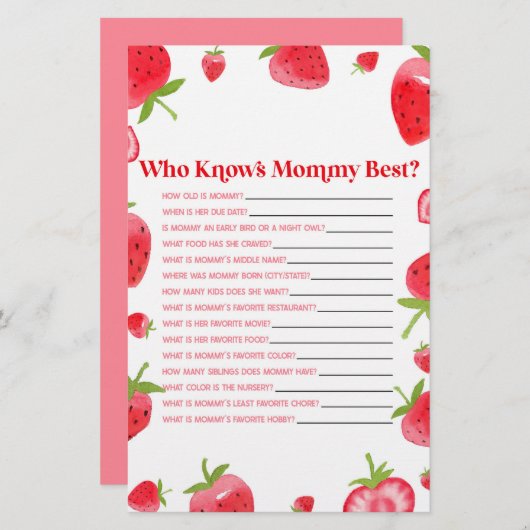 Strawberry Berry, der Mommy Baby Shower Game kennt Briefpapier (Vorne/Hinten)