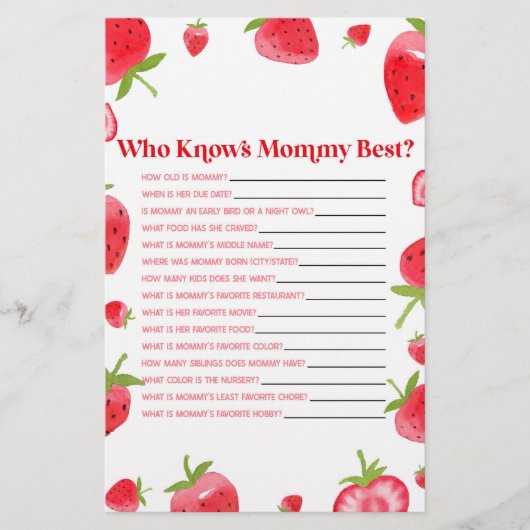 Strawberry Berry, der Mommy Baby Shower Game kennt Briefpapier (Vorderseite)