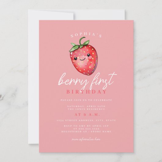 Strawberry Berry Erster Geburtstag Einladung (Vorderseite)