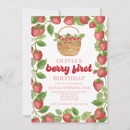 Strawberry Berry Erster Geburtstag Einladung (Vorderseite)