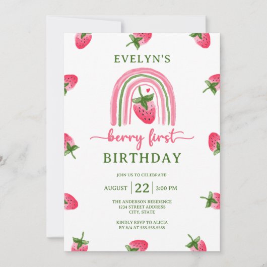Strawberry Berry Erster Geburtstag Einladung (Vorderseite)