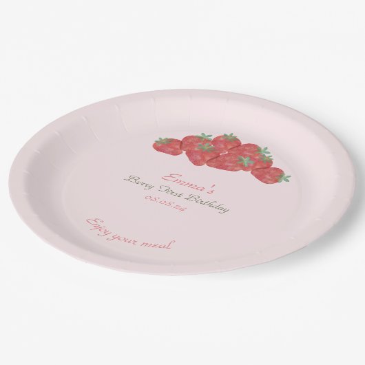 Strawberry Berry erster Geburtstag Pappteller (Schrägansicht)