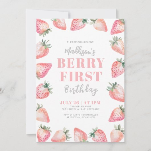 Strawberry Berry Erster Geburtstag Party Einladung (Vorderseite)