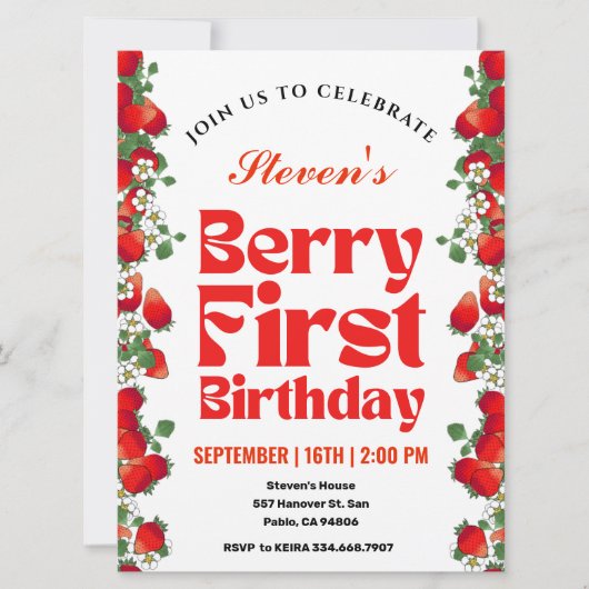 Strawberry Berry Erster Geburtstag Party Einladung (Vorderseite)