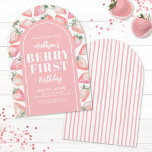 Strawberry Berry Erster Geburtstag Party Einladung<br><div class="desc">Ein niedliches und mädchenhaftes Berry-Erster Geburtstag-Bogenpapier-Design mit einem wasserfarbenen rosa Erdbeermuster mit grünen Blätter. Die Vorderseite zeigt einen rot-rosa Bogen mit einem Mix aus handgeschriebenen Schriftzeichen, einem kühnen Serif-Schriftart und einem einfachen Schriftart für einen charmanten und spielerischen Look. Vollständig anpassbar, können Sie die Schriftart-, Hintergrund- und sogar die Bogenfarbe an...</div>