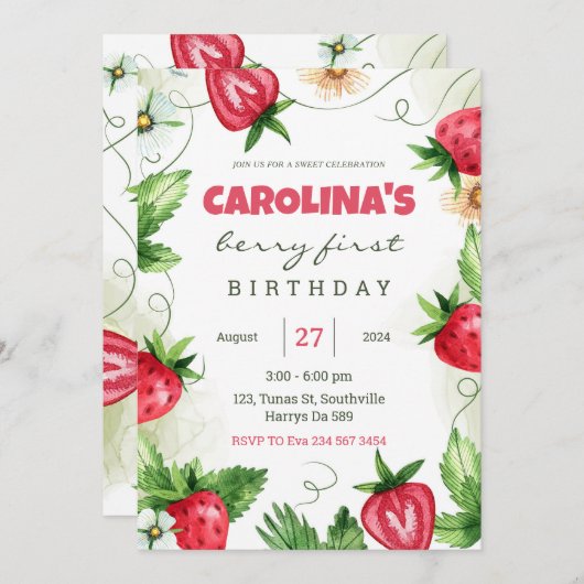 Strawberry Berry Erster Geburtstag Party Einladung (Vorne/Hinten)