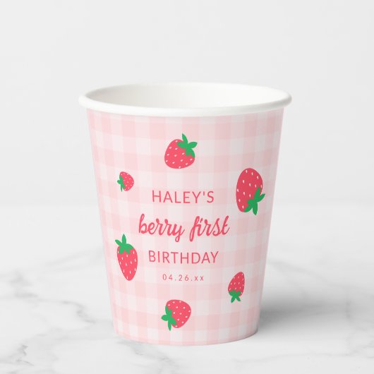 Strawberry Berry Erster Niedlicher Baby Pink Gebur Pappbecher (Vorderseite)