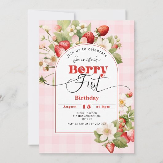 Strawberry Berry Erstes Party Einladung (Vorderseite)