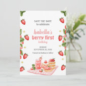 Strawberry Berry First Birthday Berry Weet Save The Date (Stehend Vorderseite)