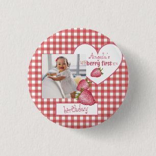Strawberry Berry First Birthday Button