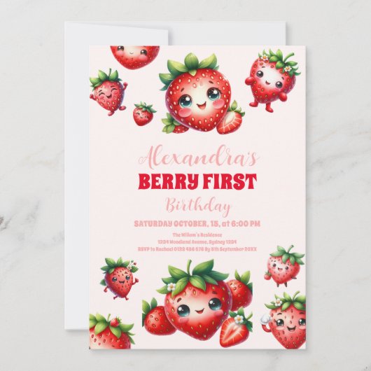 Strawberry Berry First Birthday Einladung (Vorderseite)
