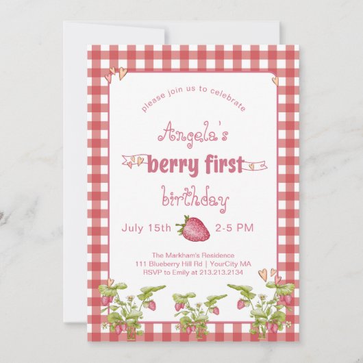 Strawberry Berry First Birthday Einladung (Vorderseite)