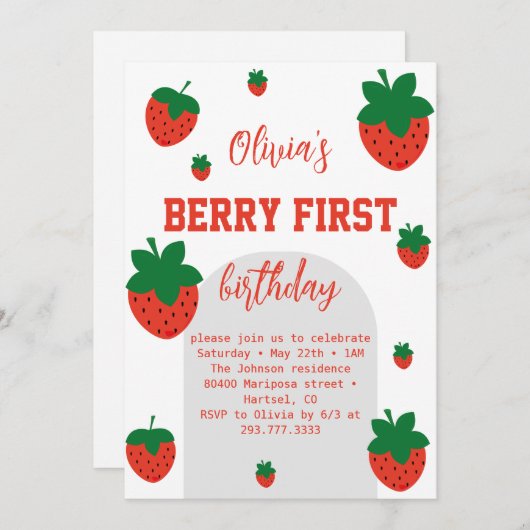 Strawberry Berry First Birthday Einladung (Vorne/Hinten)