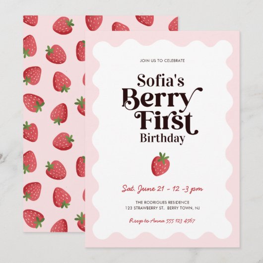 Strawberry Berry First Birthday Einladung (Vorne/Hinten)