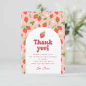 Strawberry Berry First Birthday Foto Dankeskarte (Stehend Vorderseite)