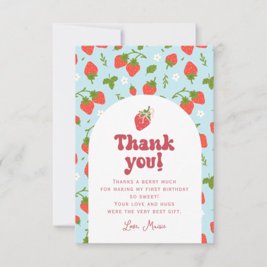 Strawberry Berry First Birthday Foto Dankeskarte (Vorderseite)