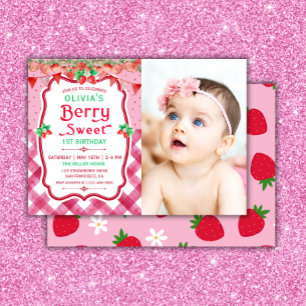 Strawberry Berry First Birthday Foto Girl Party Einladung