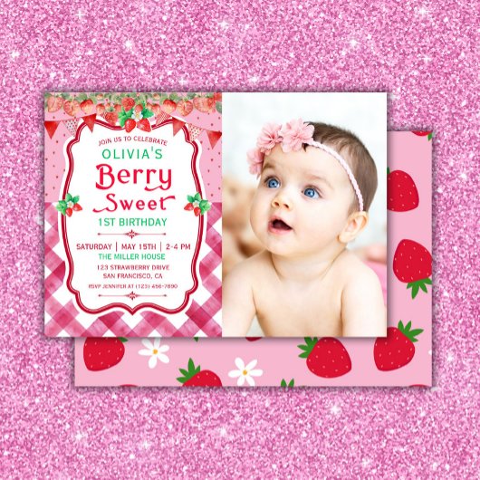 Strawberry Berry First Birthday Foto Girl Party Einladung