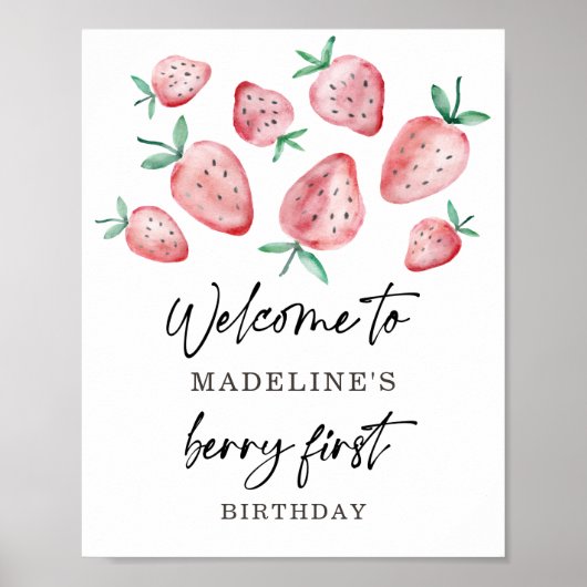 Strawberry Berry First Birthday Girl Sweet Willkom Poster (Vorne)