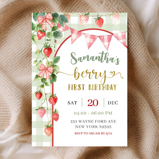 Strawberry Berry First Birthday Invitation Einladung
