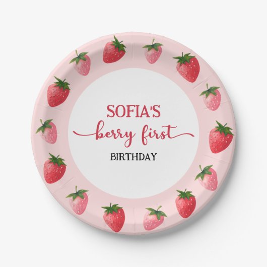 Strawberry Berry First Birthday Pappteller (Vorderseite)