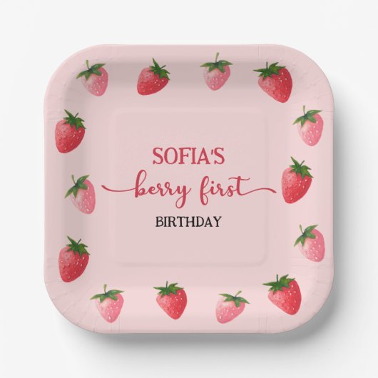 Strawberry Berry First Birthday Pappteller (Vorderseite)