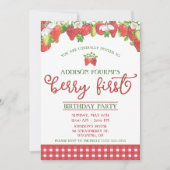 Strawberry, Berry First Birthday Party Einladung (Vorderseite)