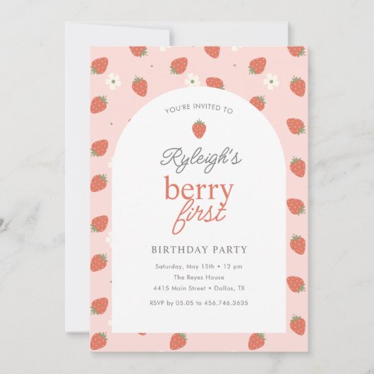 Strawberry Berry First Birthday Party | Mädchen 1. Einladung (Vorderseite)