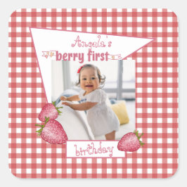 Strawberry Berry First Birthday Quadratischer Aufkleber