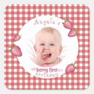 Strawberry Berry First Birthday Quadratischer Aufkleber