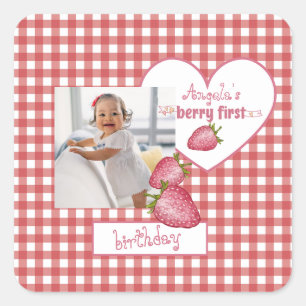 Strawberry Berry First Birthday Quadratischer Aufkleber