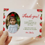 Strawberry Berry First Birthday Retro Foto Dankeskarte<br><div class="desc">Vielen Dank an Ihren Gast im Retro-Stil! Dieses Design zeichnet sich durch ein lustiges Erdbeermuster aus. Ideal für Erdbeeren oder Geburtstagsthemen der "Beeren zuerst" im Frühling und Sommer. Das Template Foto und der Text sind leicht zu verändern und es ist ein schöner Sake für Ihre Freunde und Familie.</div>