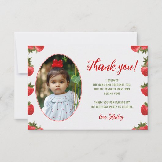 Strawberry Berry First Birthday Retro Foto Dankeskarte (Vorderseite)