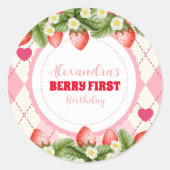 Strawberry Berry First Birthday Runder Aufkleber (Vorderseite)