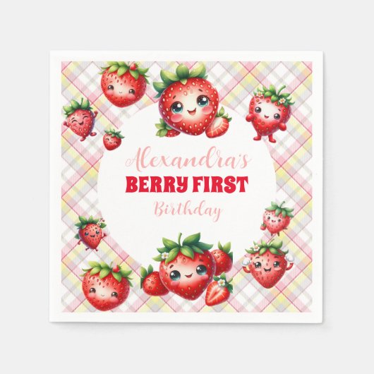 Strawberry Berry First Birthday Serviette (Vorderseite)