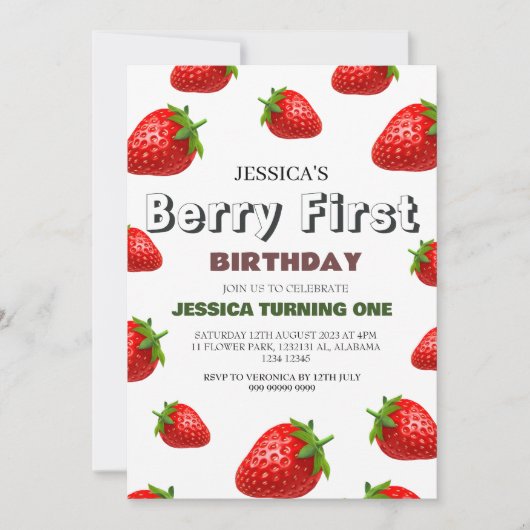 Strawberry Berry First Birthday Simple Niedlich Ba Einladung (Vorderseite)