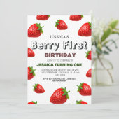 Strawberry Berry First Birthday Simple Niedlich Ba Einladung (Stehend Vorderseite)