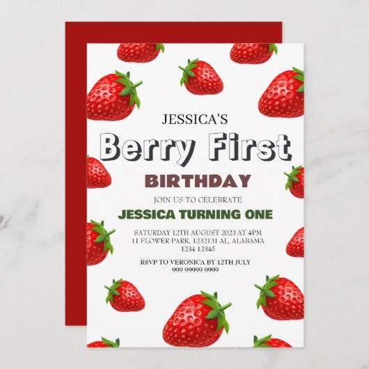 Strawberry Berry First Birthday Simple Niedlich Ba Einladung (Vorne/Hinten)