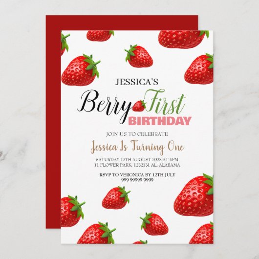 Strawberry Berry First Birthday Simple Niedlich Ba Einladung (Vorne/Hinten)