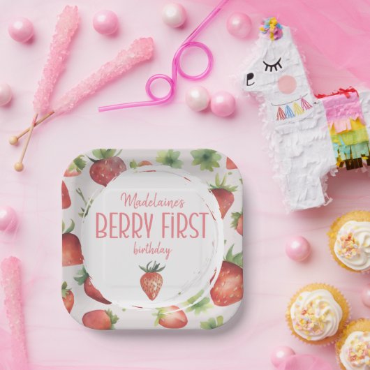 Strawberry Berry First Birthday Square Pappteller (Party)