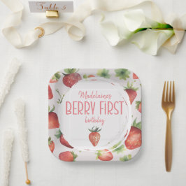 Strawberry Berry First Birthday Square Pappteller