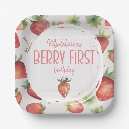 Strawberry Berry First Birthday Square Pappteller (Vorderseite)