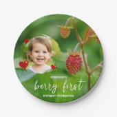 Strawberry Berry First Birthday With Child’s Photo Pappteller (Vorderseite)