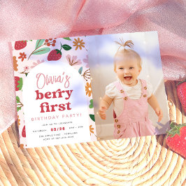 Strawberry Berry First Foto Geburtstagsparty Einladung