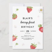 Strawberry Berry First Girl 1. Geburtstag Einladung (Vorderseite)