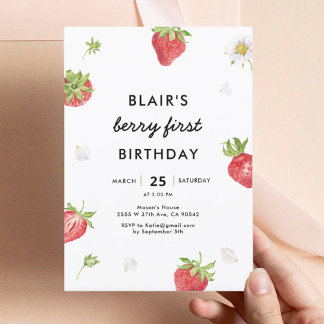 Strawberry Berry First Girl 1. Geburtstag Einladung