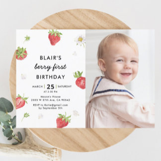 Strawberry Berry First Girl 1. Geburtstag Foto Einladung